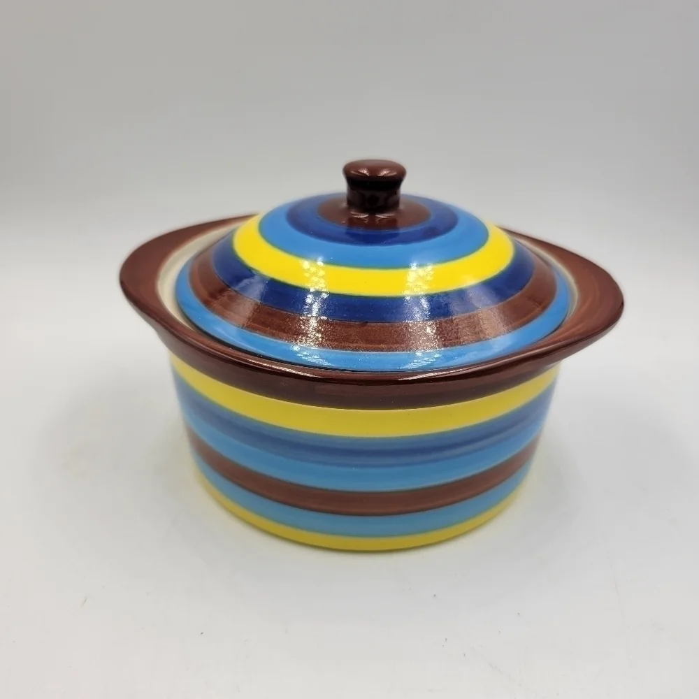 Temp-tations Striped Bakeware Pot Swirls W Lid Small Yellow Blue Brown Oven 9 Oz